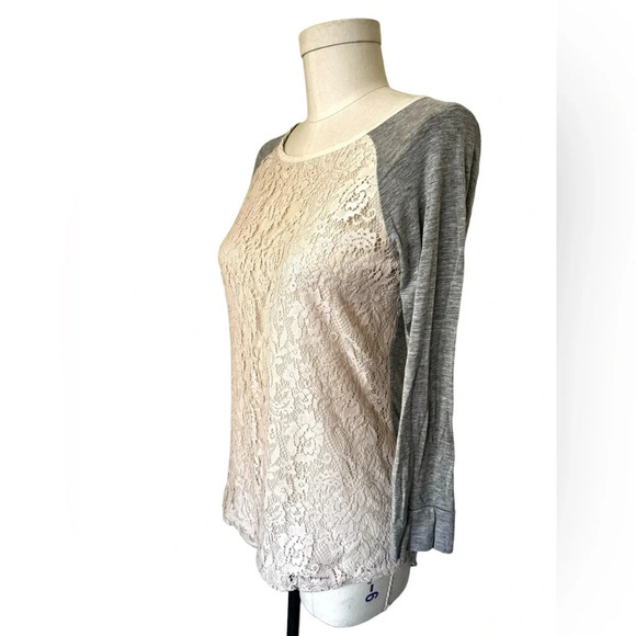 Market & Spruce Bernadette Lace Overlay Raglan Top, lace baseball tee size small - Picture 3 of 10